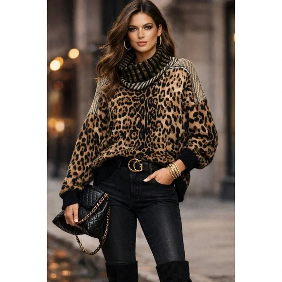 Gimmicks Sweater Womens L Brown Leopard Print Mixed Media Boho Indie Mob Wife - Picture 1 of 16